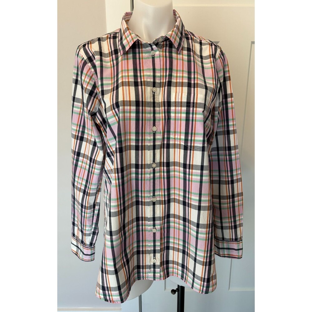 J CREW Womens Classic Button TOP Long Sleeve BLACK Lavender Green PLAID Size 12